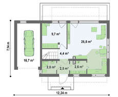 Проект небольшого светлого коттеджа с гаражом, стильными большими окнами