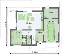 Проект современного стильного небольшого дома с мансардой, гаражом для 1 автомобиля