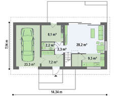 Проект дома с высокой мансардой, большими окнами в гостиной