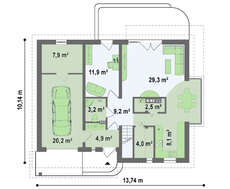 Проект дома с мансардой, стеклянным эркером и гаражом