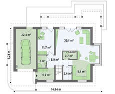 Проект дома с гаражом, стеклянным эркером и балконами