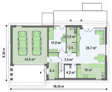 Проект дома с двускатной кровлей и гаражом для двух авто
