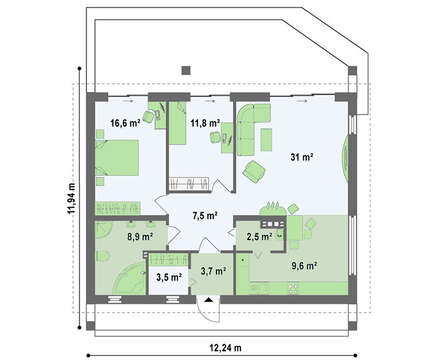 Проект одноэтажного дома с дополнительной фронтальной террасой