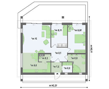 Проект одноэтажного дома с дополнительной фронтальной террасой