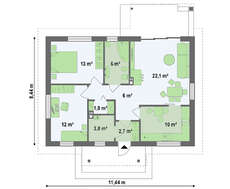 Проект небольшого аккуратного одноэтажного дома с двускатной крышей