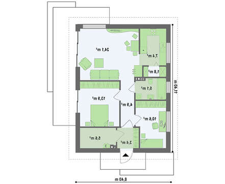 Проект небольшого одноэтажного дома с удобным боковым входом