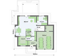 Проект дома с фасадными окнами и гаражом для двух автомобилей