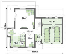 Проект дома с интересными окнами и гаражом на два авто