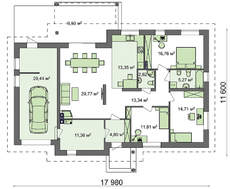Проект одноэтажного дома с тремя спальнями и гаражом
