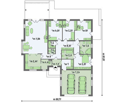 Проект удобного одноэтажного дома с гаражом для двух автомобилей