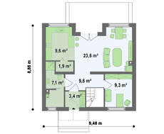 Проект дома с мансардой, балконом, и кухней со стороны сада