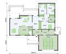 Проект одноэтажного дома с гаражом для двух автомобилей и четырехскатной крышей