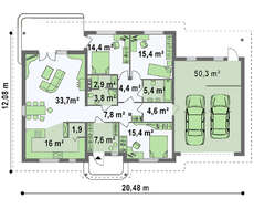 Проект одноэтажного дома с гаражом в классическом стиле для двух автомобилей