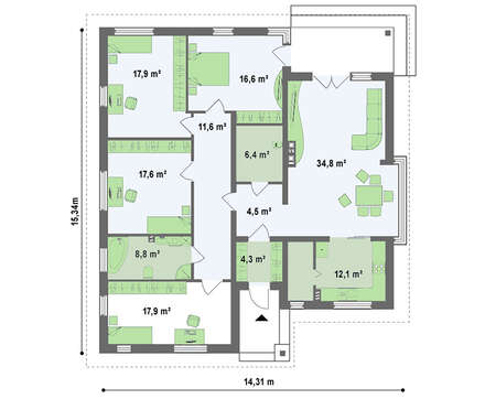 Проект стильного, просторного современного одноэтажного коттеджа