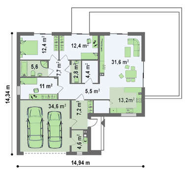 Проект стильного одноэтажного дома с большим гаражом для 2 авто