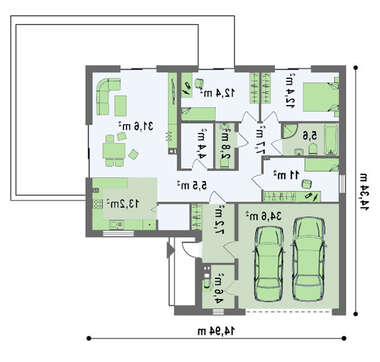 Проект стильного одноэтажного дома с большим гаражом для 2 авто