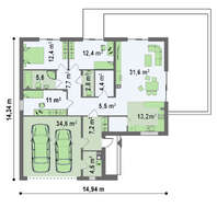 Проект стильного одноэтажного дома с большим гаражом для 2 авто