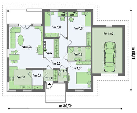 Проект одноэтажного дачного классического дома с четырехскатной крышей