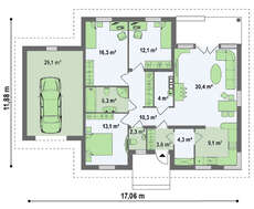 Проект одноэтажного дачного классического дома с четырехскатной крышей