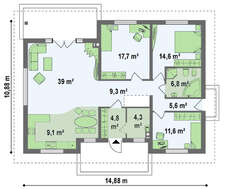 Проект одноэтажного дома классического стиля с четырехскатной крышей