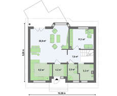 Проект небольшого уютного дачного дома с двухскатной крышей