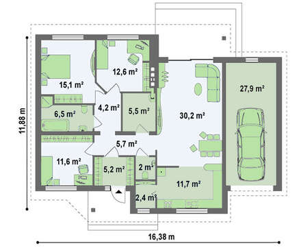 Проект одноэтажного классического дома с гаражом