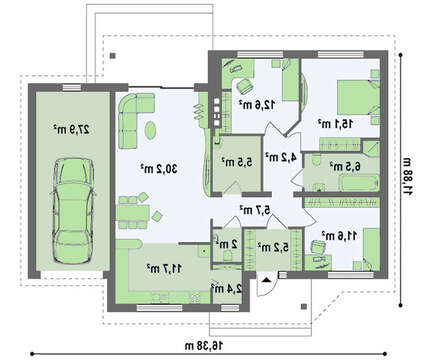 Проект одноэтажного классического дома с гаражом