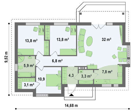 Проект одноэтажного дома с современными элементами фасадов