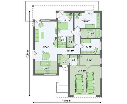 Проект коттеджа хай-тек с гаражом на две машины