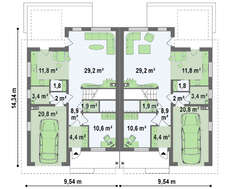 Проект дома на две семьи с отдельными гаражами и входами