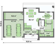 Современный проект двухэтажного дома с гаражом на две машины и сауной