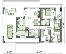Проект одноэтажного стильного дома хай - тек с бассейном и гаражом на одну машину