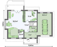 Проект аккуратного загородного одноэтажного дома с мансардой и гаражом для автомобиля