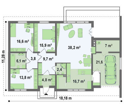 Проект шикарного комфортного одноэтажного особняка с гаражом