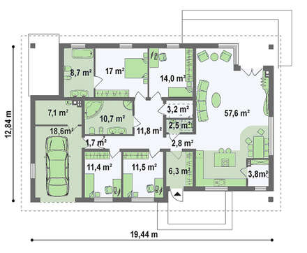 Проект классического одноэтажного дома с мансардой, кирпичным фасадом и гаражом