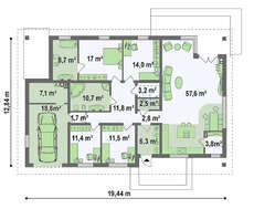 Проект классического одноэтажного дома с мансардой, кирпичным фасадом и гаражом