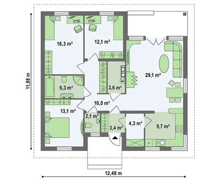 Проект одноэтажного дома по типу 4M250 с кирпичным фасадом