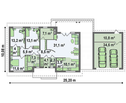 Одноэтажный дом с оригинально пристроенным гаражом