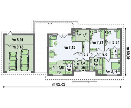 Одноэтажный дом с оригинально пристроенным гаражом