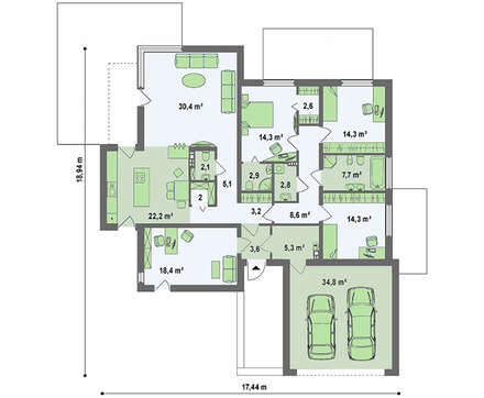 Версия проекта 4M588 в стиле хай тек с фронтальным гаражом на две машины