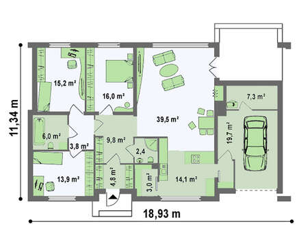 Проект одноэтажного дома с плоской крышей, со светлым функциональным интерьером и гаражом