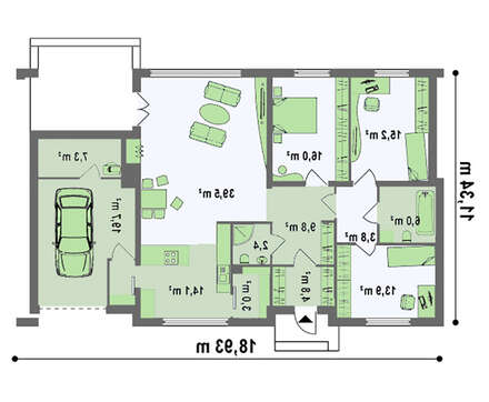 Проект одноэтажного дома с плоской крышей, со светлым функциональным интерьером и гаражом
