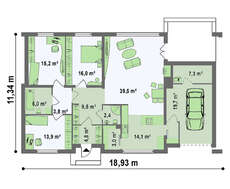 Проект одноэтажного дома с плоской крышей, со светлым функциональным интерьером и гаражом