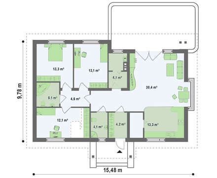 Проект небольшого одноэтажного коттеджа площадью 112 m²