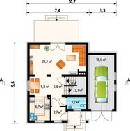 Оригинальный загородный коттедж с маленьким крыльцом и вместительным гаражом