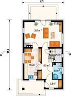 Архитектурный проект компактного коттеджа с деревянной верандой и балконом