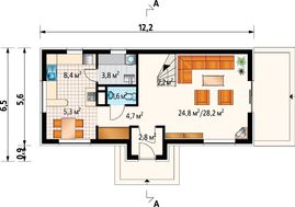 Небольшой дом с просторной гостиной и двумя спальнями